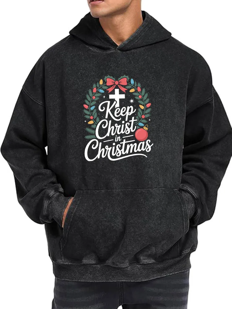 حافظ على المسيح في عيد الميلاد للرجال بغطاء للرأس برسومات كلاسيكية مغسولة وطباعة كلاسيكية، بلوفر كاجوال ملابس الشارع من القماش الناعم