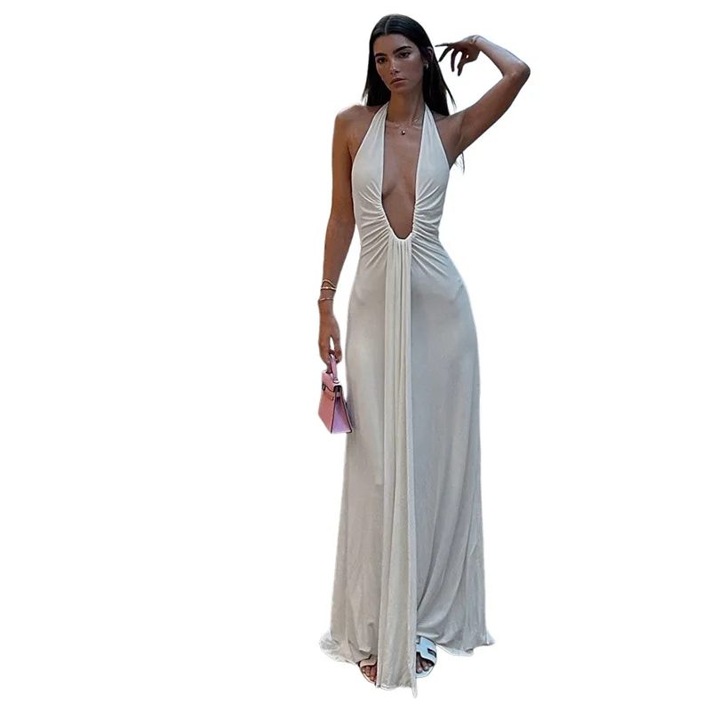 ชุดเดรสสีทึบของผู้หญิงคอวีลึกห้อยและเดรสเข้ารูปพอดีหลังสําหรับฤดูร้อน 2025