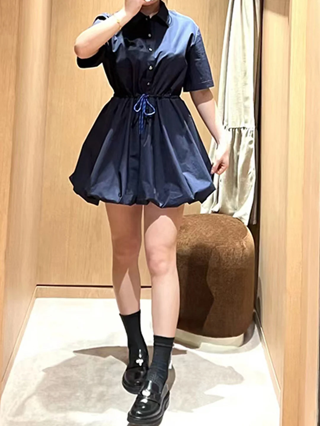 

Ele Pure Color INS Sle Dstring Waist Flower Bud Dr Collar Dr Lightweight Cotton Casual Daily Wear