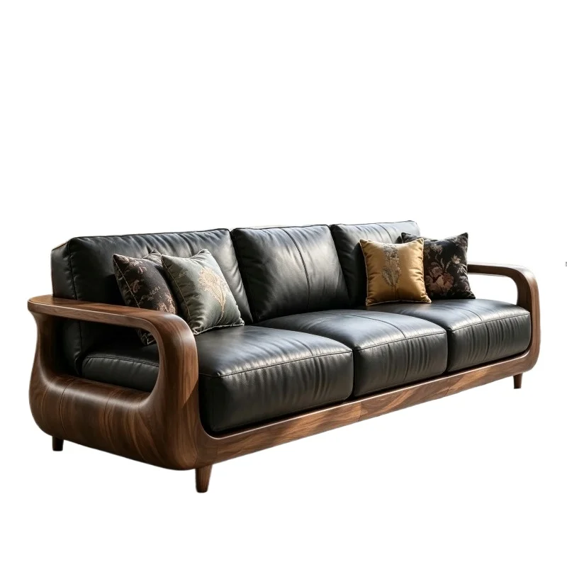 Medieval solid wood sofa three-person high-end leather retro black walnut large and small apartment living room straight sofa