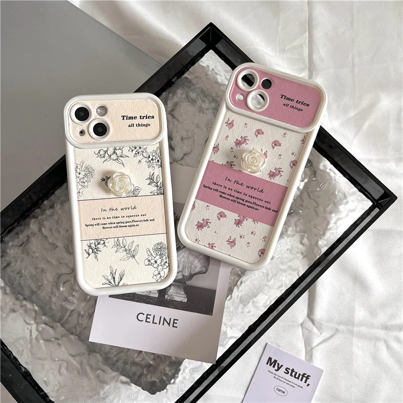 Korean INS Cute 3D Camellia Pink Rose Flowers Case for iPhone 15 14 13 Pro Max 12 Pro Plus shockproof  Soft Silicone Cover image 3