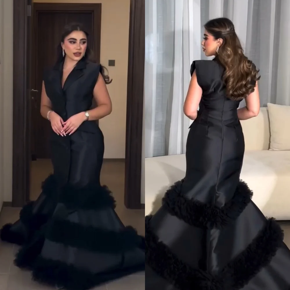 Customized   Sexy Casual  Satin Tiered Button Quinceanera Mermaid V-neck Bespoke Occasion Gown Long Dresses