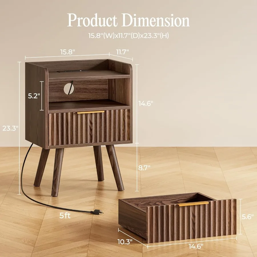 Nightstand Set of 2 with Charging Station, USB-C Port, End Tables for Bedroom, Wood, Walnut, Modern Design with Hidden Cable Ma