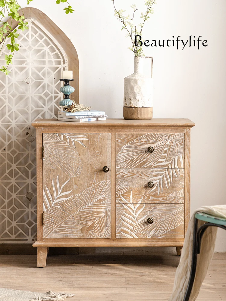 French Style Solid Wood Chest of Drawers Living Room Wall Retro Wood Color Carved Home Small Apartment Hallway Cabinet