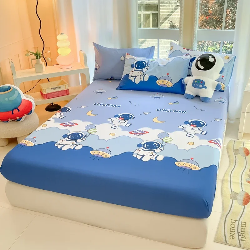 Cartoon Astronaut Printed Fitted Sheet Set with Elastic Band Soft Cotton Mattress Cover Anti-slip Bed Covers 3Pcs Bedding Set