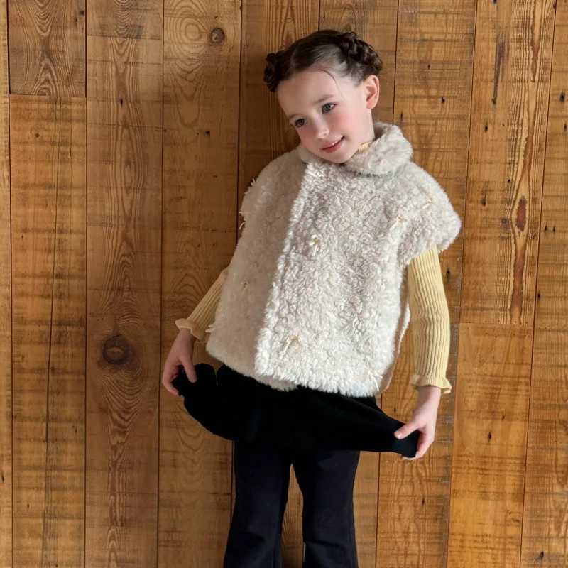2026 Winter Girls Korean Bow Knot Furry Vest Sleeveless Quilted Thick Turn Down Collar Cute Vest Creamy White