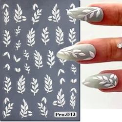 5D Embossed Nail Art Decals White Leaves Flowers Butterflys Adhesive Sliders Nail Stickers Decoration For Manicure