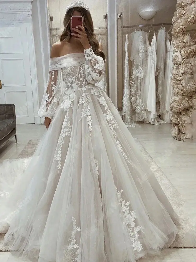 Vestidos de casamento de tule brilhantes para mulheres, fora do ombro, vestidos de noiva brilhantes, elegantes mangas compridas, mais novos