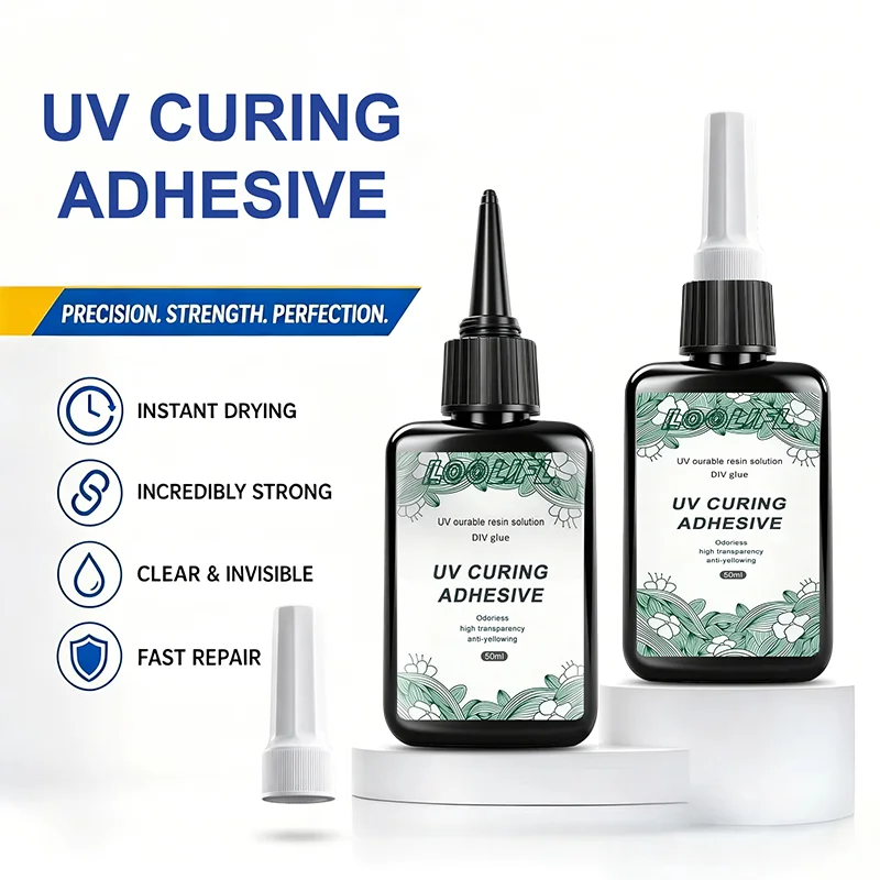 Loolifluv Curing Glue 50ml Transparent Invisible Uv Resin Glue, Odorless High-Transparency Anti-Yellowing Uv Light-Curing Glue, Instant Drying Super Strong Adhesive, Suitable for Glass, Acrylic Plastic, Jewelry DIY Crafts, Quick Repair Uv Glue Requires Uv Lamp Curing, Suitable for Household Liquid Resin Decorations and DIY Projects