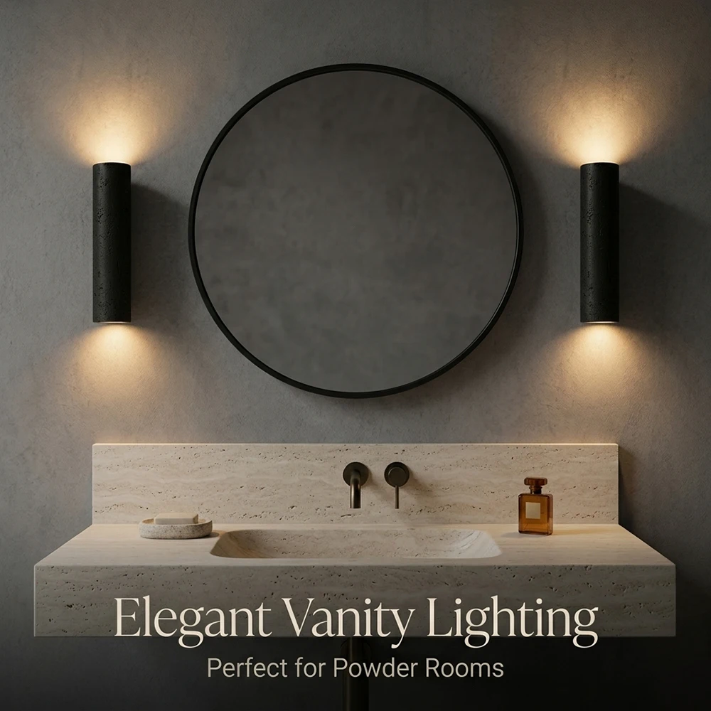 Black Cave Stone Texture Up Down Wall Sconce Wooden Base GU10 Double Head Light Fixture Modern Cylindrical Lamp for Living Room