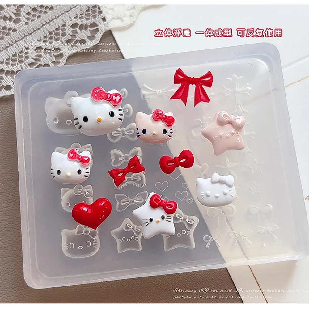 Kawaii 3d olá kitty esculpido molde de arte de unha adesivo y2k cabeça de gatinho bownot cruz coração design unhas estênceis decalques diy ferramentas de unhas