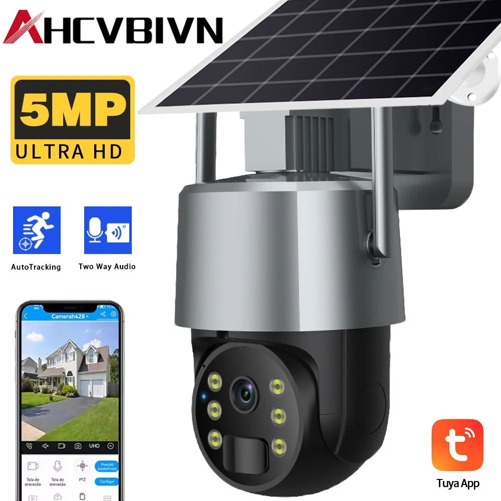 

Tuya Smart Life 5MP Wi-Fi камера Открытая солнечная панель Беспроводная батарея PTZ-камера наблюдения IP66 PIR камера обнаружения движения