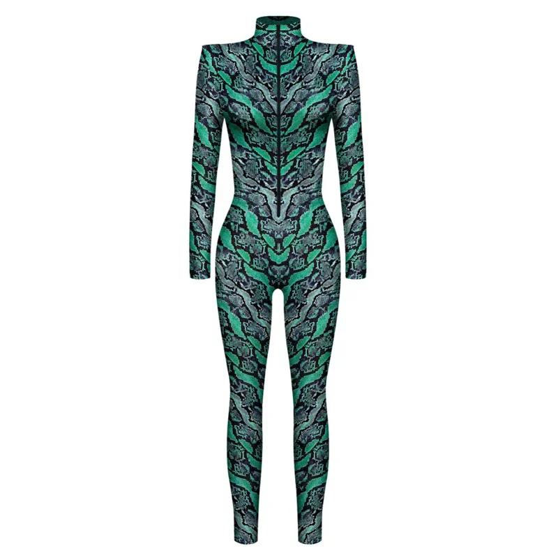 FCCEXIO Thriller Snake Skin Rompers 3D Print Cosplay Costume Sexy Jumpsuit Bodysuit Adult Carnival Halloween Party Monkeys Women