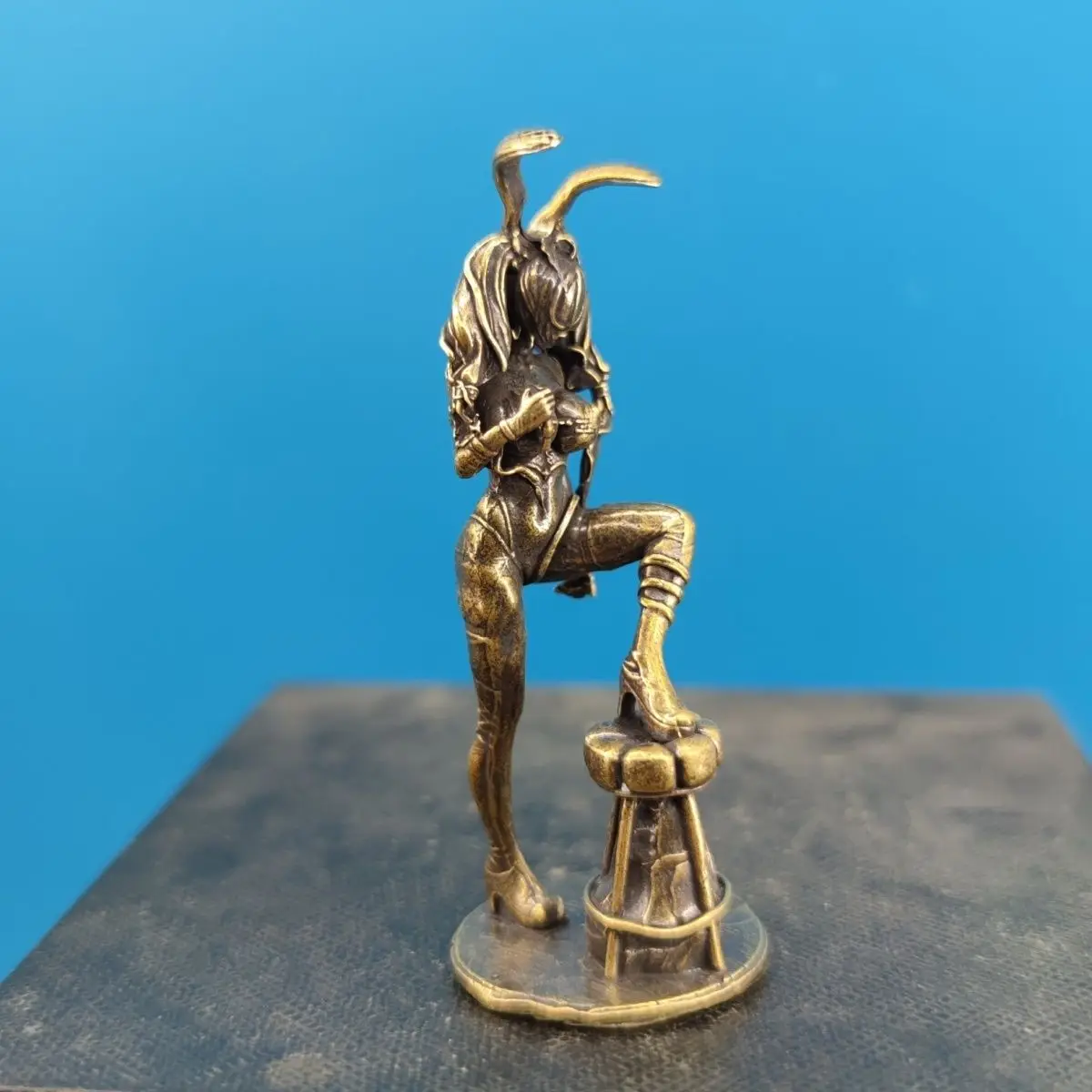 Brass Adorable Kneeling Bunny Maiden Figurine- Mini Decorative Collectible Home Shelf Desk Ornament