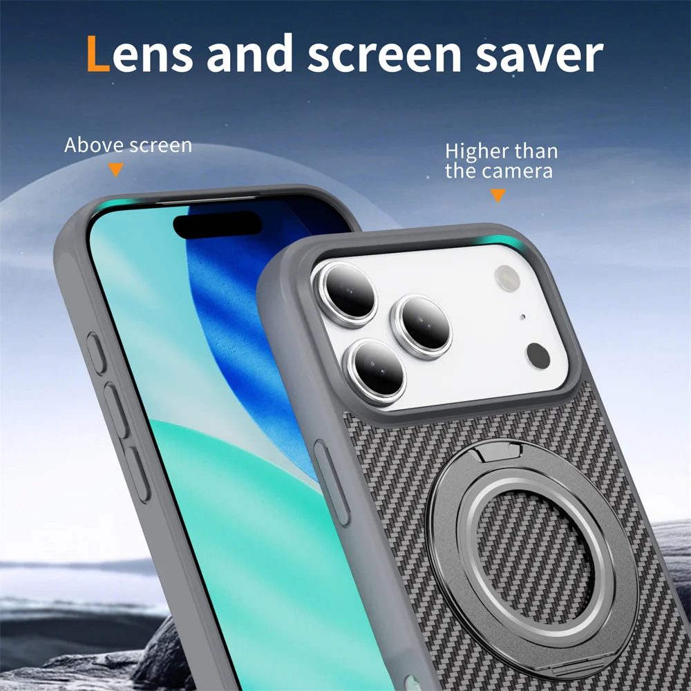 Деловая текстура из углеродного волокна для зарядного чехла Magsafe для iPhone 17 Air 16E 15 14 Plus 13 Pro Max 360 ° Защитная крышка вращающегося кронштейна