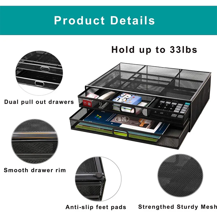 Formwell Monitor Stand Riser with Drawer - Mesh Metal Desk Organizer, Laptop stand with Dual Pull-Out Storage Drawer