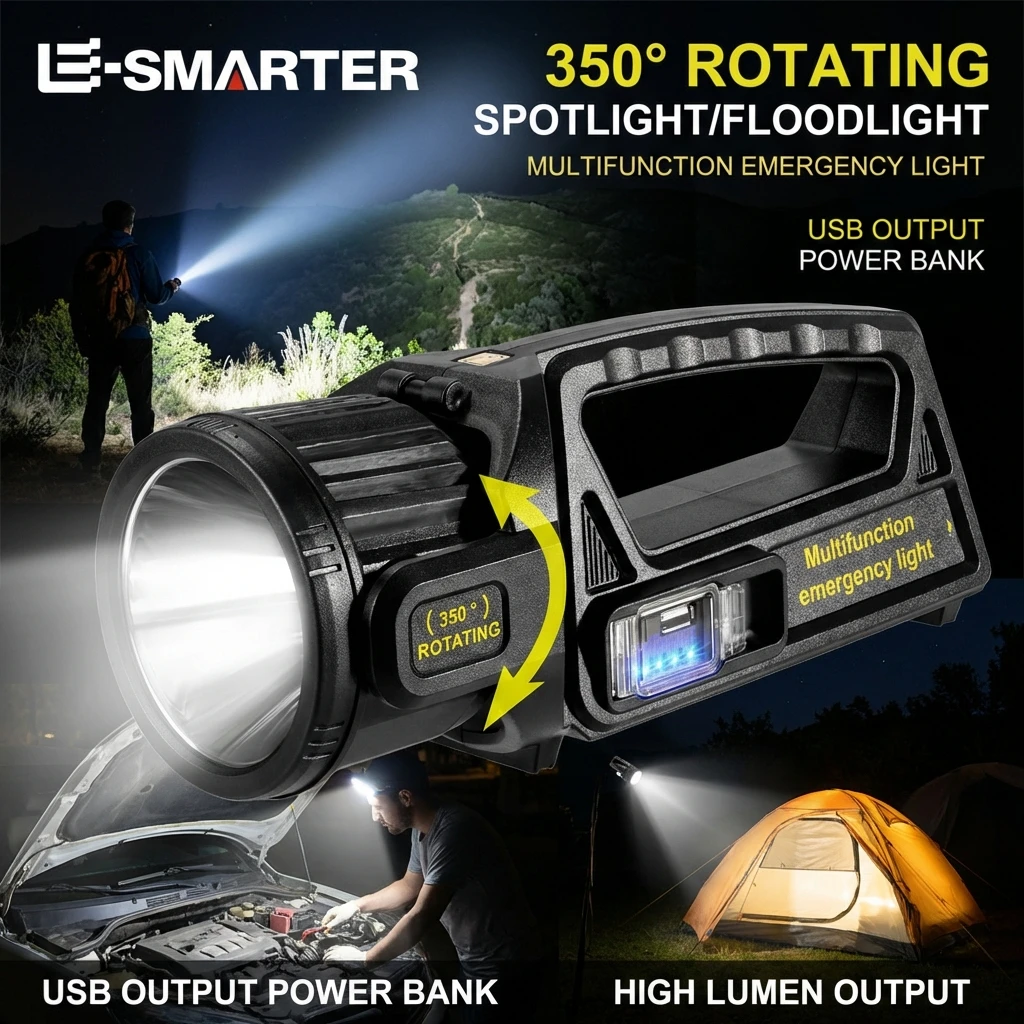 P50 Wick LED Searchlight Rechargeable Flashlight High Power Waterproof Torch Double-headed Design Outdoor Camping Solar Light