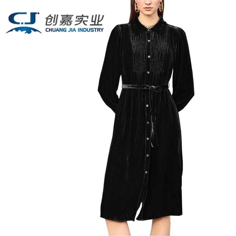 Silk Velvet Spring Autumn Women's Dress Black Chinese Cardigan Single-breasted Skirt Soft Vertical High-end Women