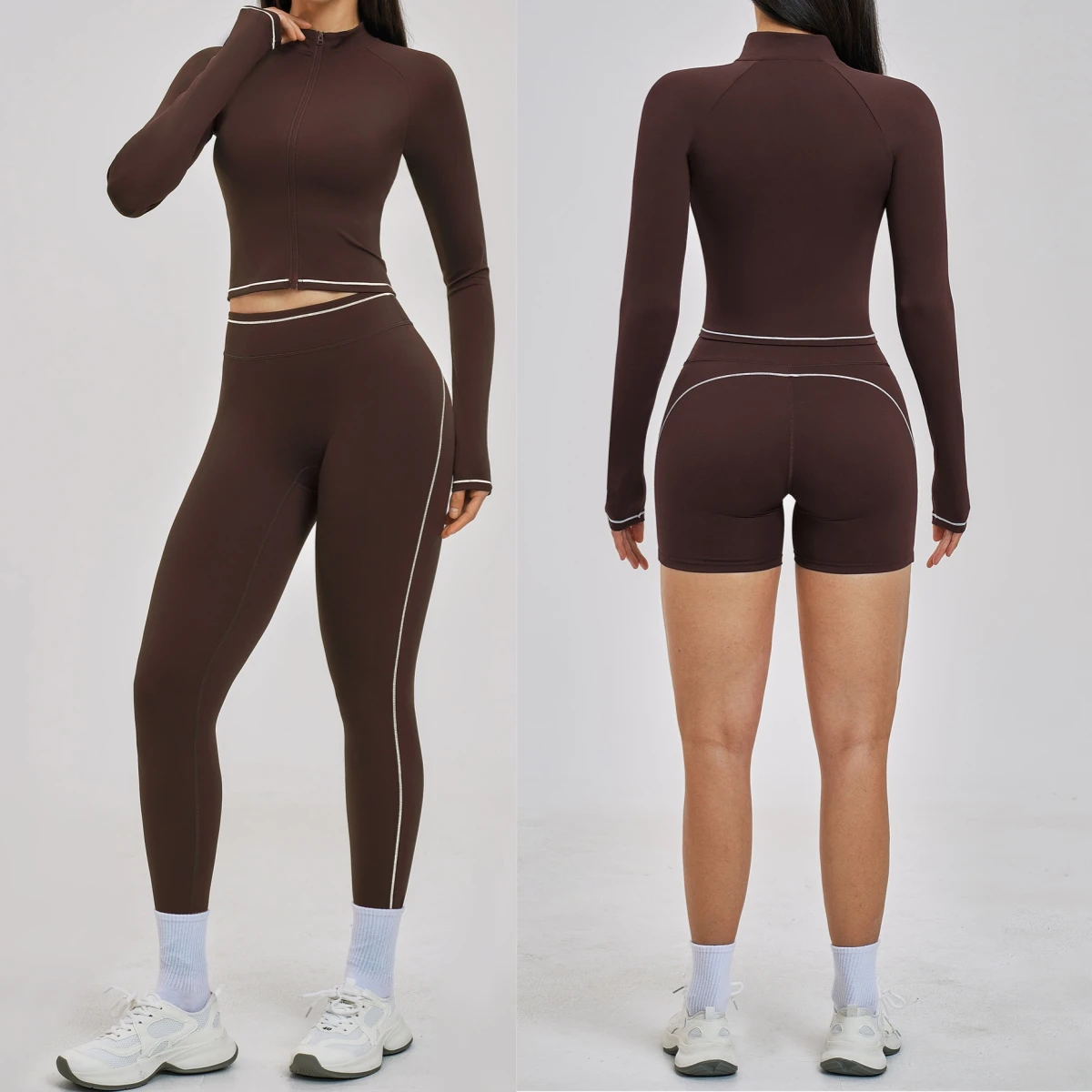 Women 2‑Piece Contrast Piping Workout Set Zip Up Cropped Jacket With Thumb Hole High Waist Leggings Yoga Set Gym Sports Outfit