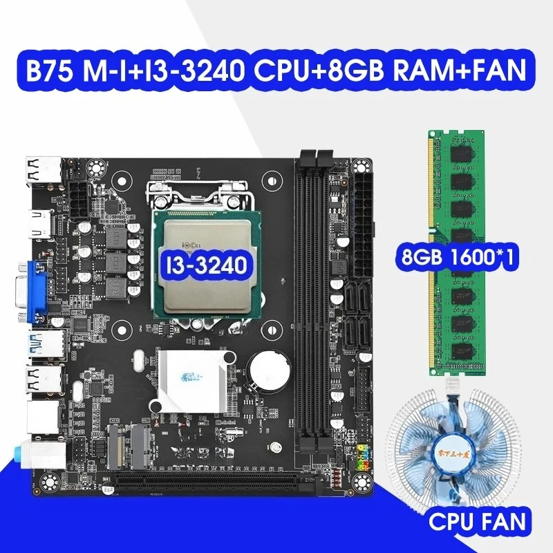 Mini ITX B75 Motherboard Kit with Core I3 3240 Processor and 8GB DDR3 PC Memory CPU Cooler Assembly B75 Placa Mae Set Combo