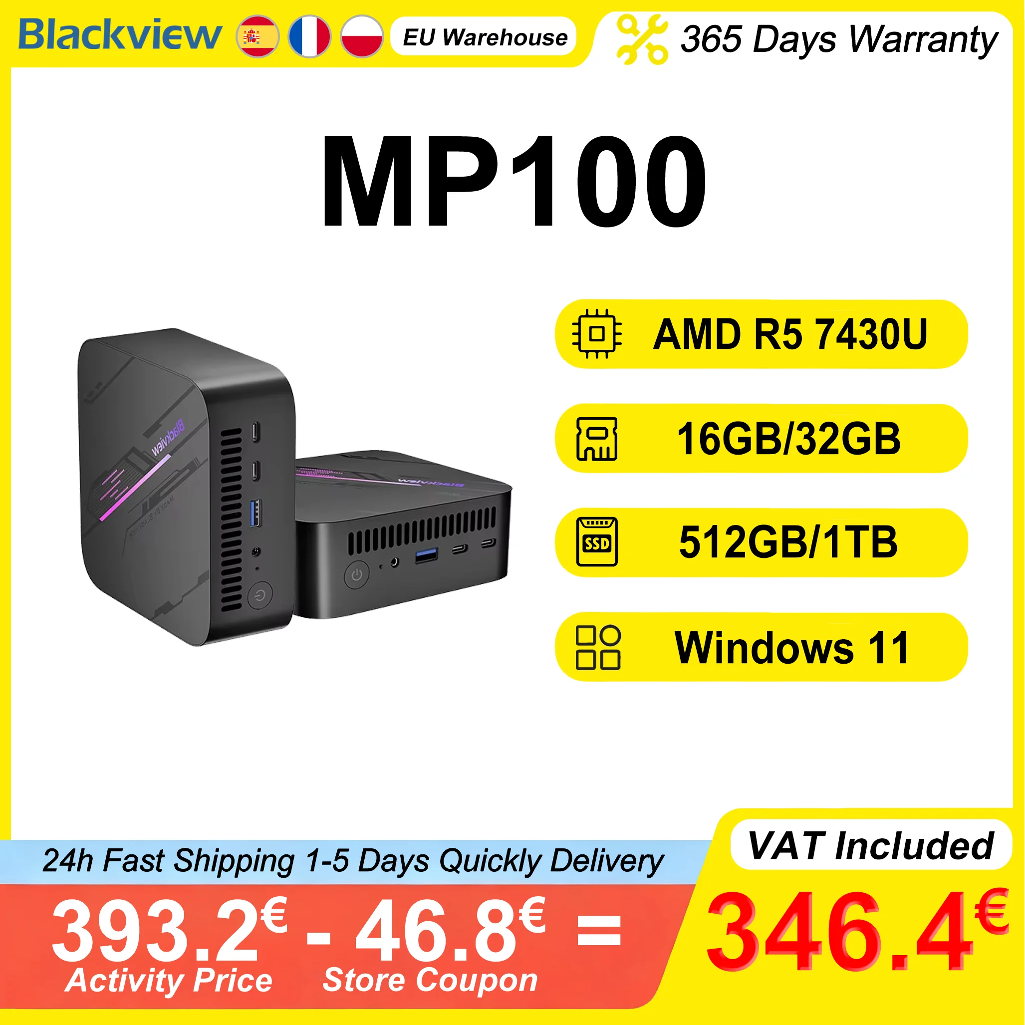 Blackview MP100 Mini PC AMD Ryzen5 7430U 16GB/32GB RAM 512GB/1TB ROM WiFi 6 Windows 11 6-rdzeniowy 12-wątkowy BT5.2 Mini Komputer PC — Zdjęcie 2 z 3