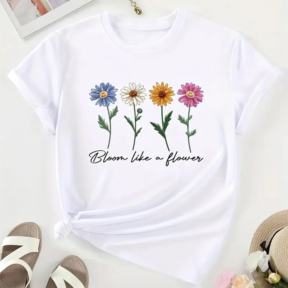 Bloom Like A T-shirt con motivo floreale T-shirt casual estiva da donna Y2K Fashion Street Abbigliamento sportivo a maniche corte
