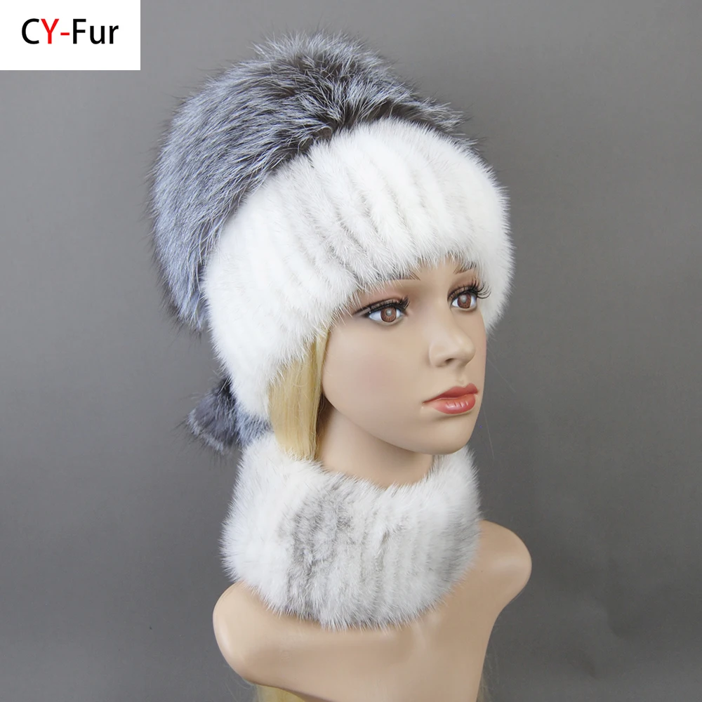 

Natural Warm Mink Fur Hat Scarf Sets Women Winter Knit Real Mink Fur Hats Scarves 2 Pieces Quality 100% Genuine Fur Cap Muffler