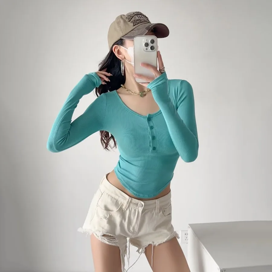 

Women's Long Sleeve Short T-Shirt Fitness Inner Wear Slimming Sexy Spicy Girl Short Style Crew Neck Top