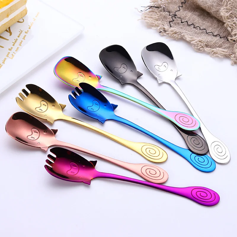 

50pcs 304 Stainless Steel Children's Tableware Cute Piglet Creative Cartoon Anti Scald Spoon Household Spoon Fork Two-piece Set