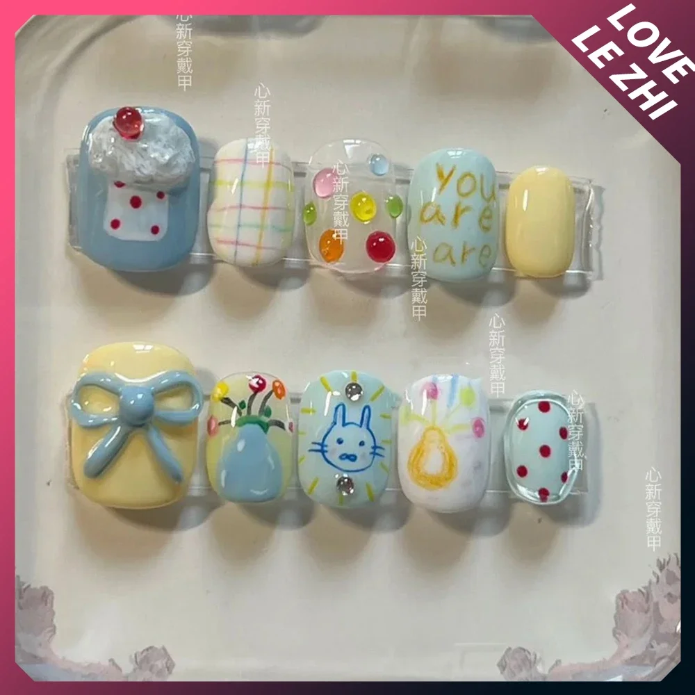 Diy Short Round Creativity Funny Fashion Press On Nails Spider Glasses Silver Five-Pointed Star Cute Cat Handmade Nails Gift