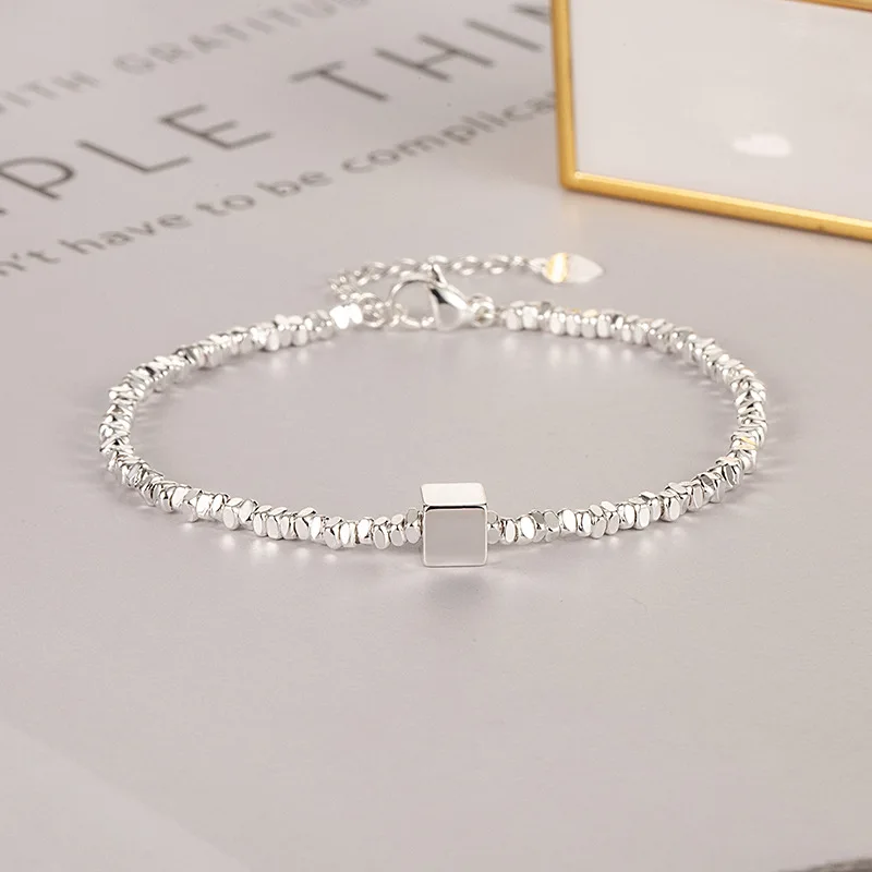 

925 Sterling Silver Bracelet Cube Square Irregular Beads Geometric Punk For Woman Girl Fashion Jewelry Gift Dropship Wholesale