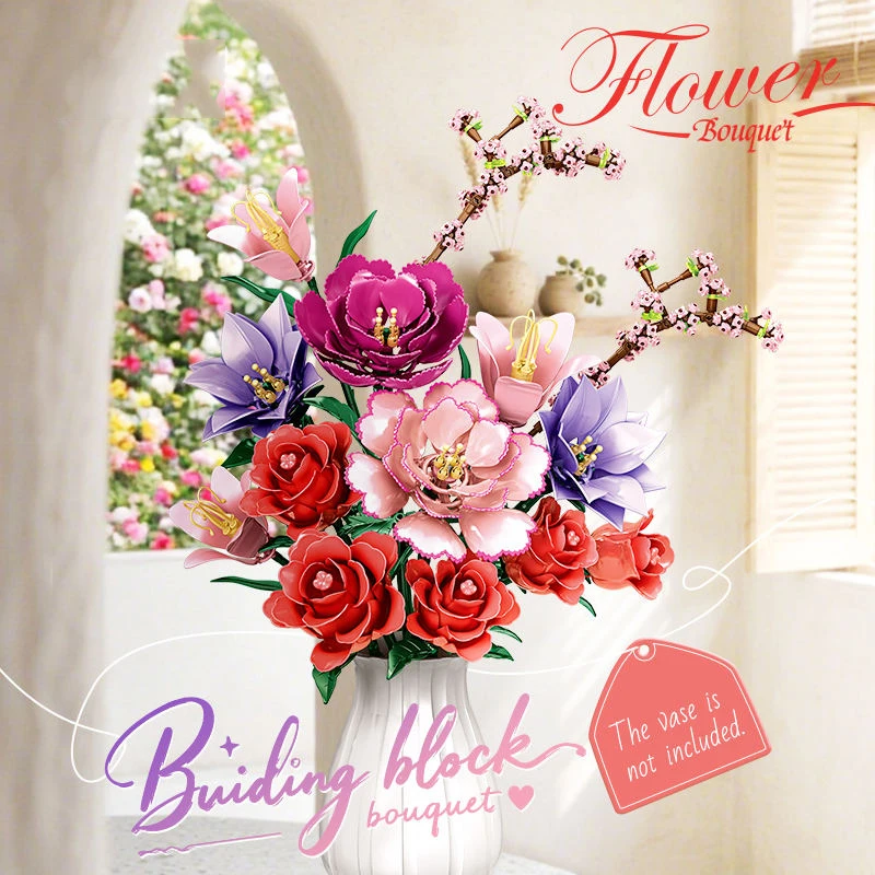 Juego de bloques de construcción de ramo de flores artificiales, 769 Uds., con rosa, peonía, lirio, Eustoma, flor de melocotón, juguetes para niños