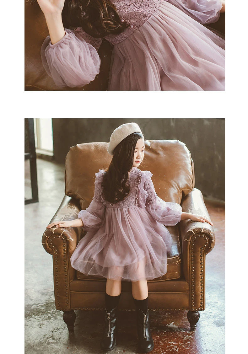 Frühling Herbst Kinder Mädchen Kleider Laterne Hülse Spitze Prinzessin Kleid Perle Süße Oansatz Mesh Party kinder Kleidung Vestidos – Detail 10