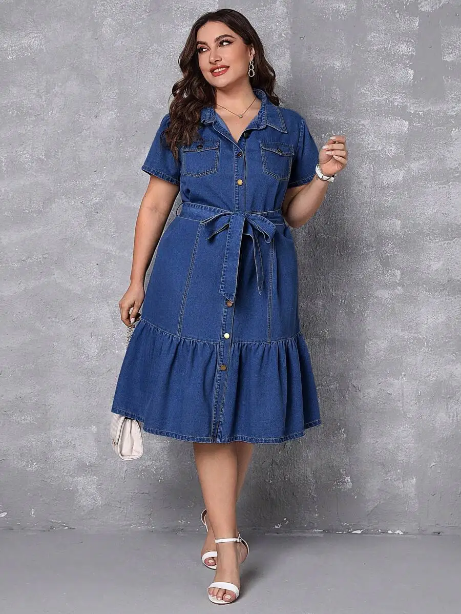 

Plus Size Front Button Casual Denim Dress For Spring And Summer