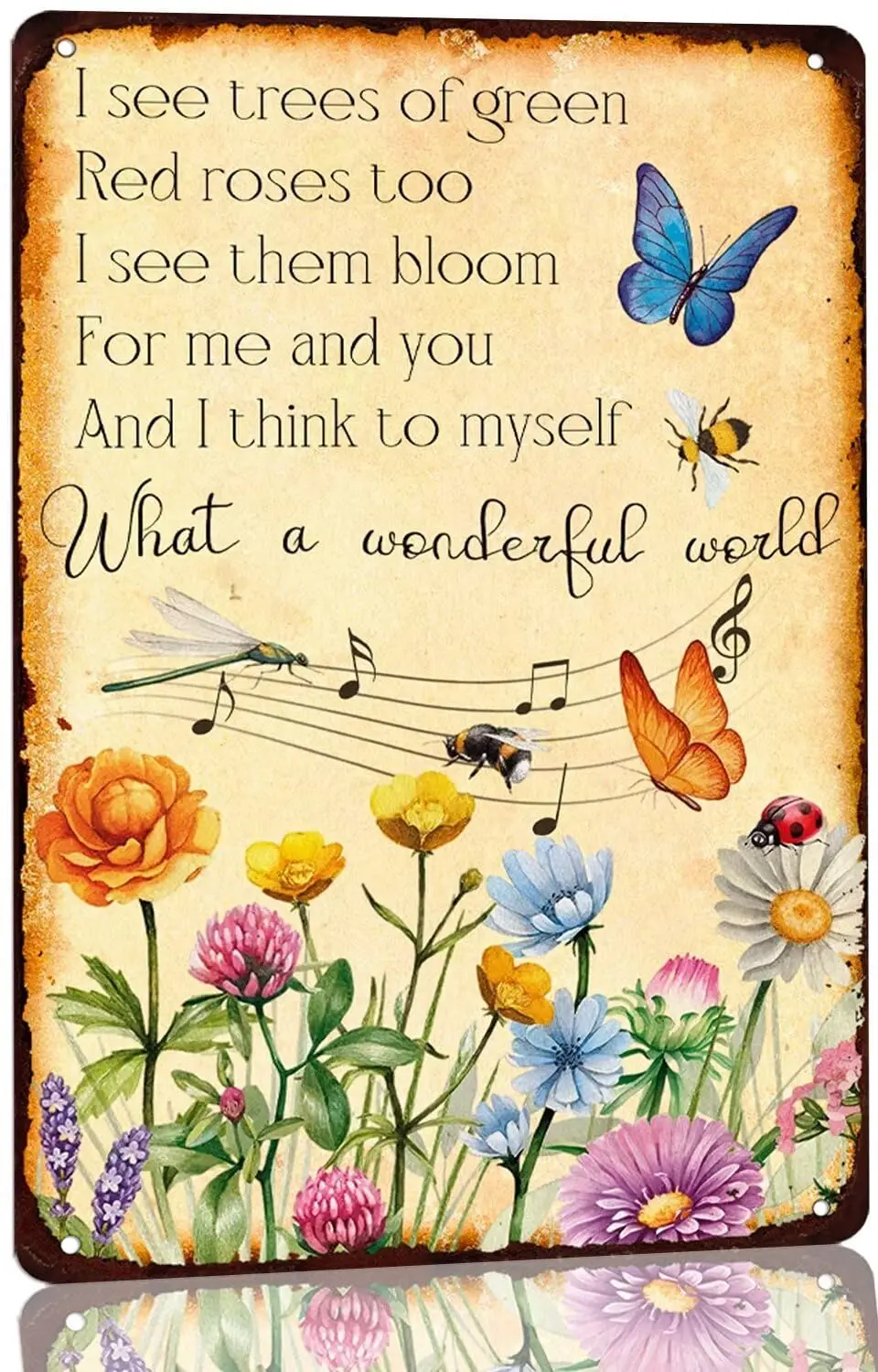 Letrero Metálico Vintage de Jardín con la Frase 'What a Wonderful World', Letreros de Metal para Patio Exterior con la Frase 'I See Trees of Green Red Roses Too'