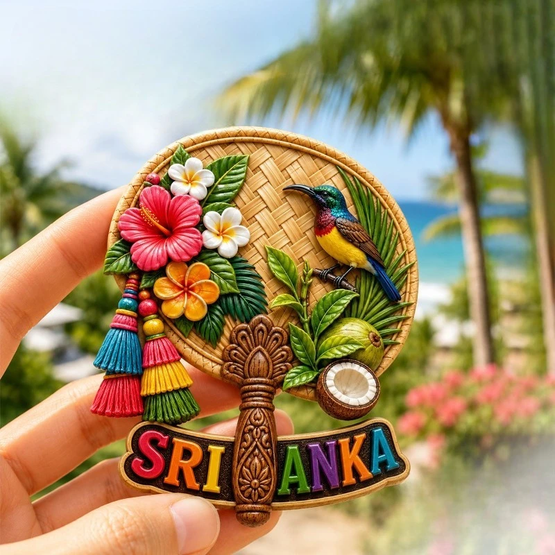 Sri Lanka Fan Hummingbird Fridge Magnet - Exotic 3D Tropical Souvenir Unique South Asian Gift for Travel & Botanical Decor