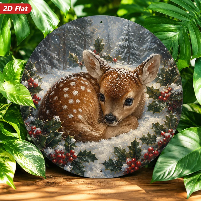 2D Flat, 1pc Snowy Fawn Round Metal Sign Wall Art, Home Decor, Gentle Fawn in Snow, Holly Berries And Evergreen Branches,