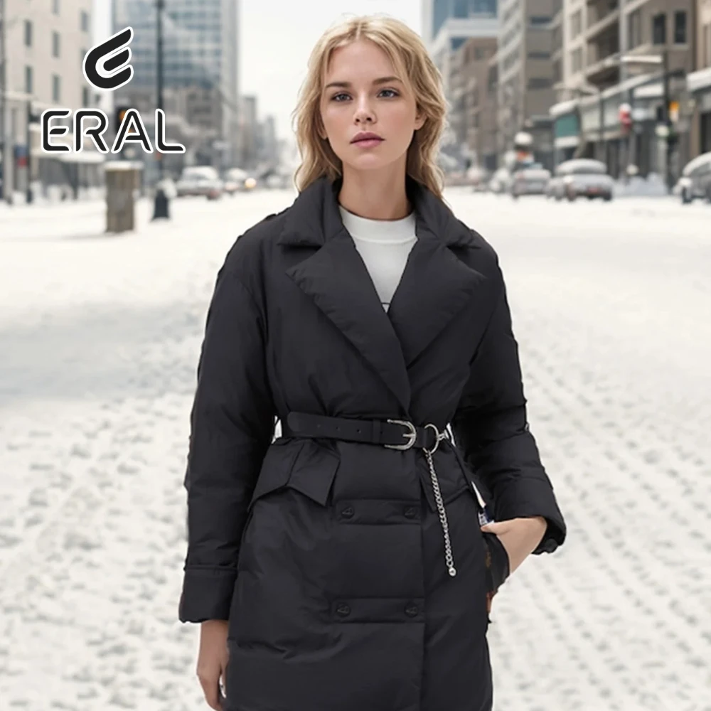 Eral Down Winter Jacket,Self-Tie Waist,leather belt with a metal buckle,silver waist pendant,duck down,fashion,warmth,black