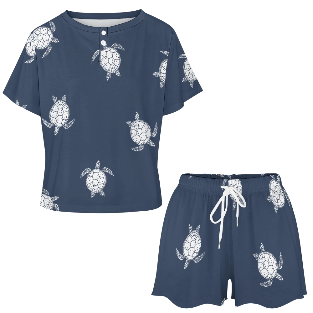 Sea Turtles Pattern Women's 2-Piece Button Down Short Sleeve Button Front Sleepwear Loungewear PJ Set Summer Home Suit