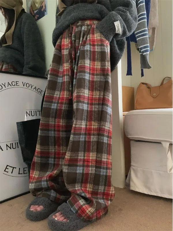 

Модные плотные клетчатые повседневные брюки с высокой талией, широкие, длинные, струящиеся, в пол, для женщин, весенняя новинка в корейском стиле