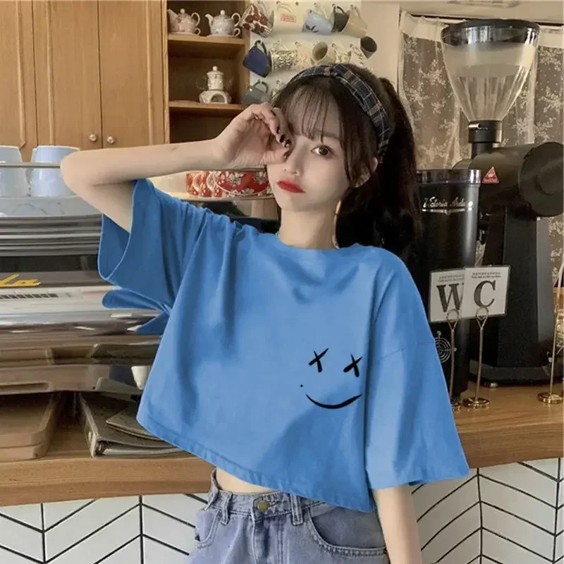 Cropped T-shirt Korean Crop Top Y2k Harajuku Tshirts for Women Women's Clothes T-shirts Tops Coquette Dongdaemun Clothing Cute