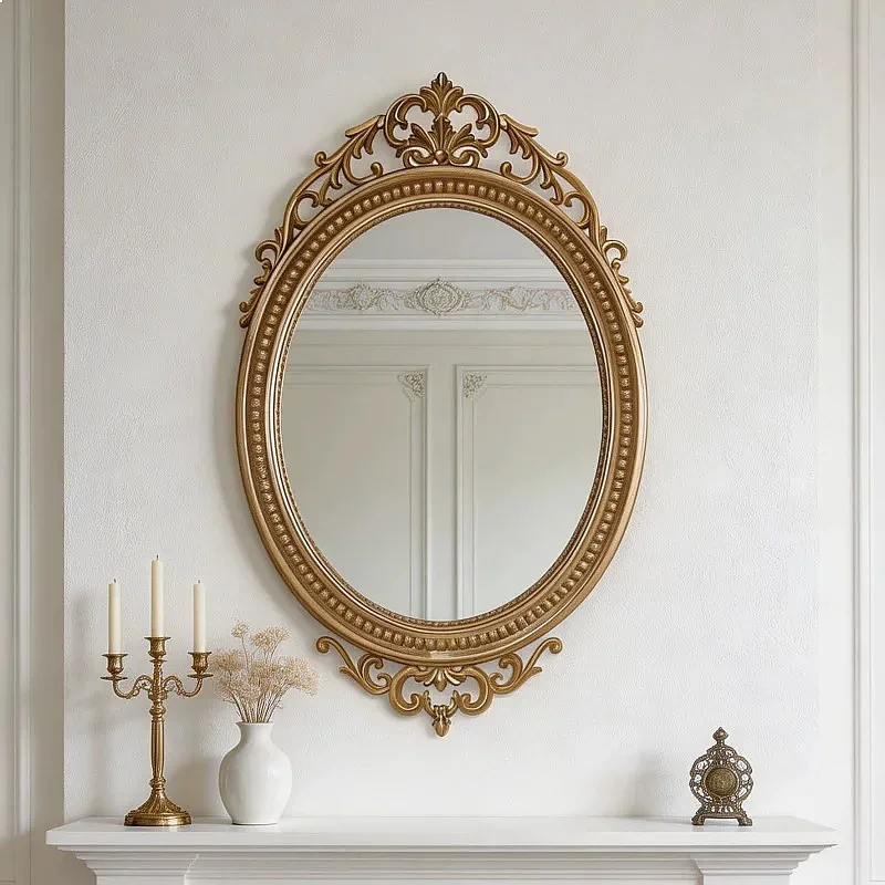 GV European Retro Oval Wall Mounted Vanity Mirror Romantic Carved Bathroom Decorative Makeup Mirror B