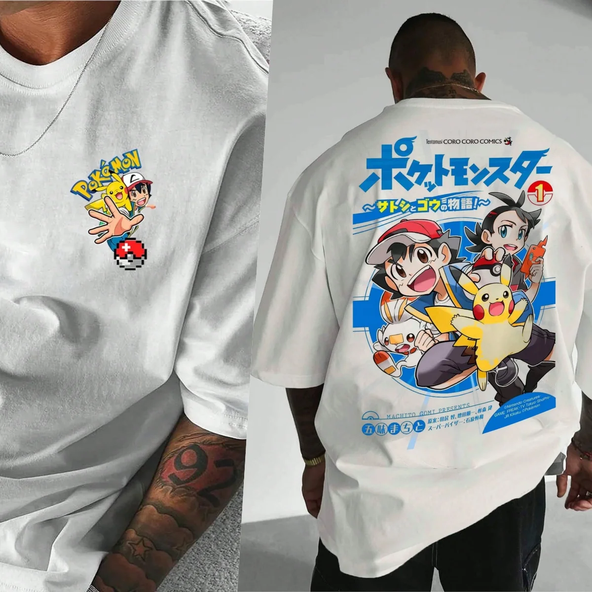 

Pokémon Anime Cotton Tee Front Ash Pikachu Graphic Back Manga Scene Print 100% Cotton for Fans Print New Arrival Tee S-4XL