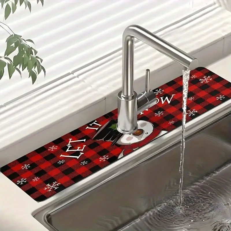 VIKAMA Christmas Let It Snow Snowman Kitchen Mat Absorbent Sink Drying Mat Non Slip For Kitchen Counter Dining Room Xmas Decor