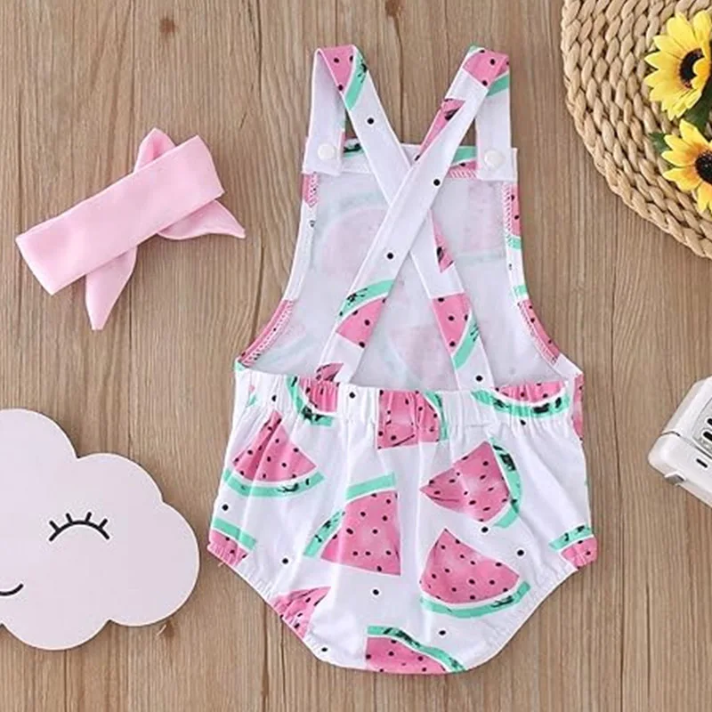 Baby Mädchen Rosa Wassermelonen-Print Strampler Säugling Rüschen-Body mit Stirnband Neugeborenen Rotes Wassermelonen-Karnevalskostüm – Detail 9