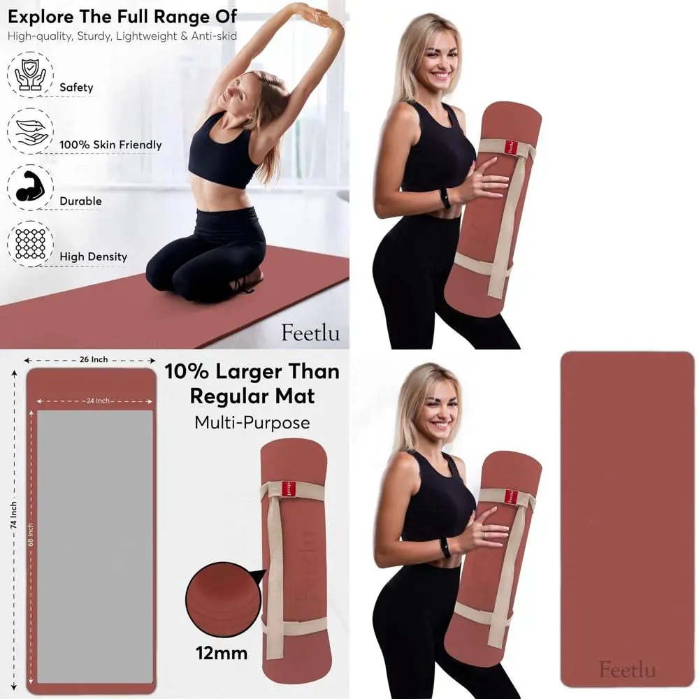 

Thick 12mm Yoga Mat with Anti-Slip, Cushioned Support for Fitness, Pilates, and Workouts - Includes Classic Strap