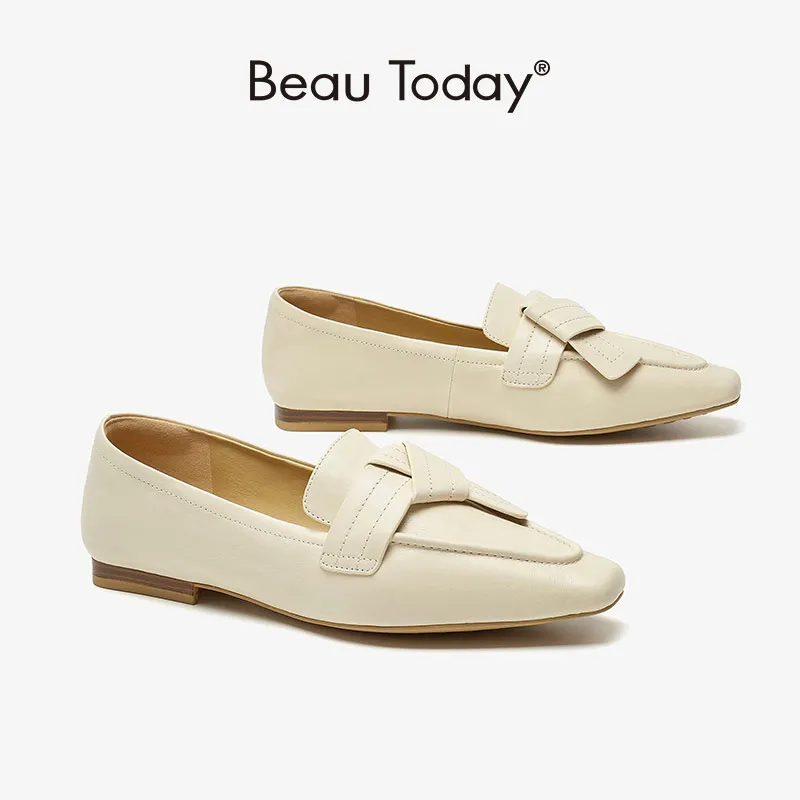 

BeauToday Moccasin Loafers Women Cow Leather Square Toe Sewing Knotted Design Slip On Retro Ladies Flat Shoes Handmade 26054