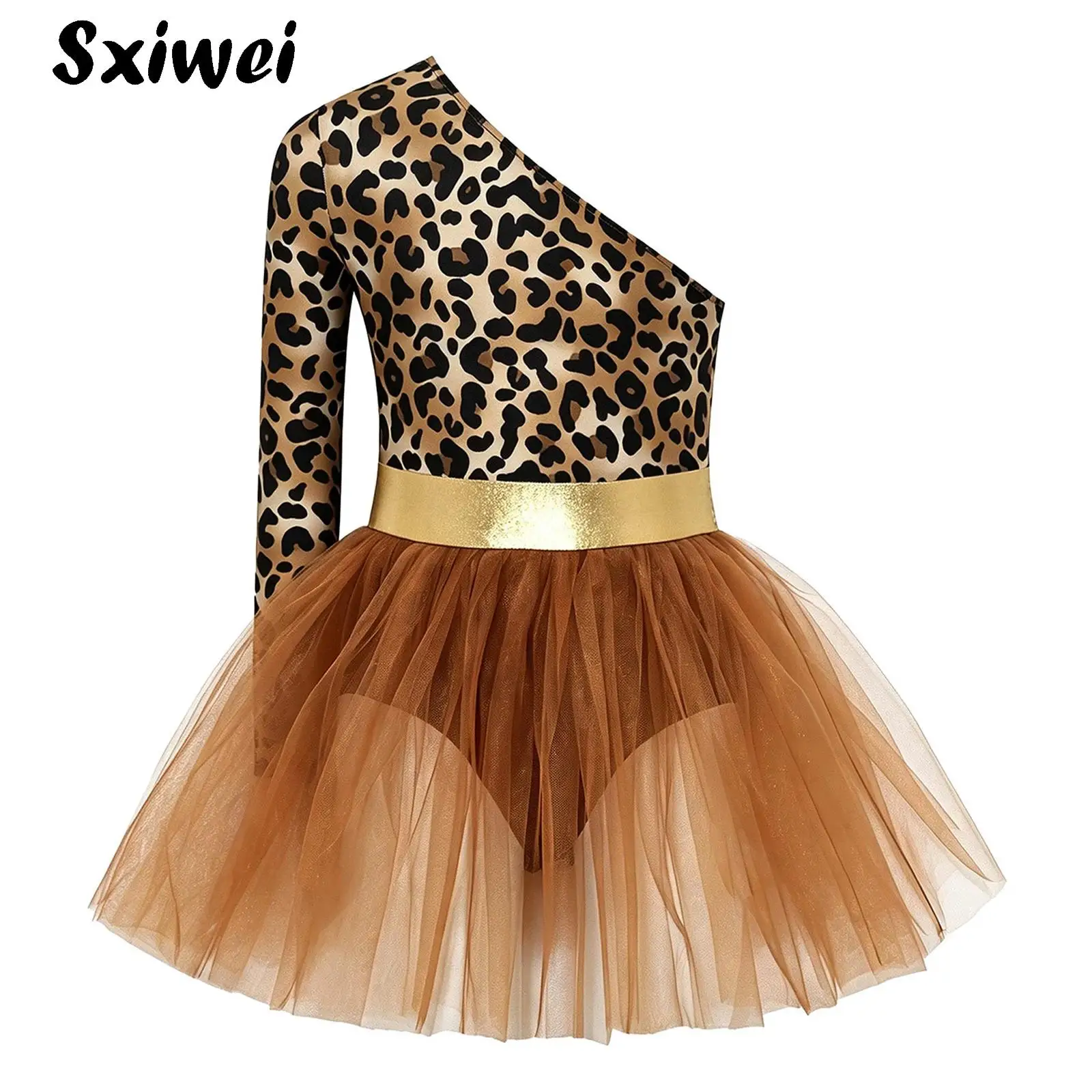 Girls Native America Princess Caveman Costumes Child Leopard Print Metallic Tulle Leotard Dress for Halloween Stage Performance