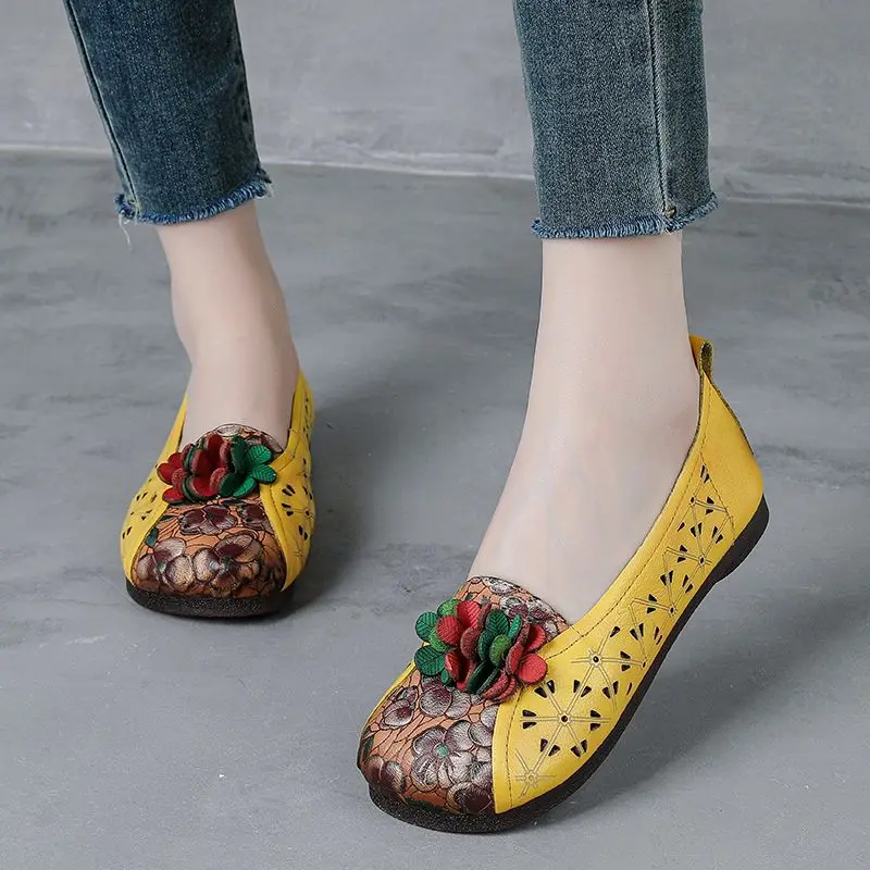 

New Yellow Floral Ballet Flats Women's Handmade Real Leather Shoes Mother Cutout Moccasins Woman Vintage Driving Loafers Ladies