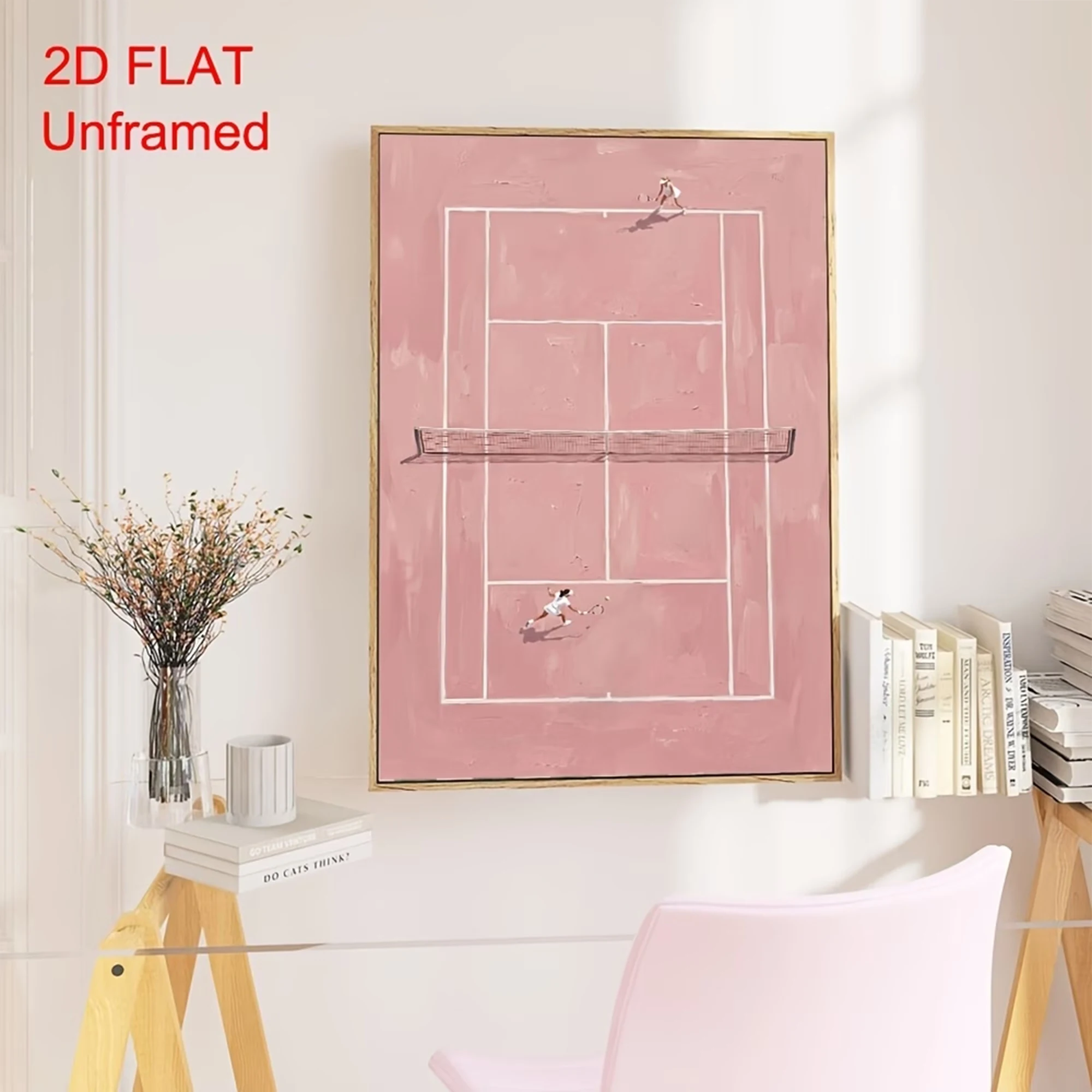 Retro Blush Pink Tennis Court Sketch Illustration Wall Art Print Canvas Painting Poster Picture For Living Room Home Decor